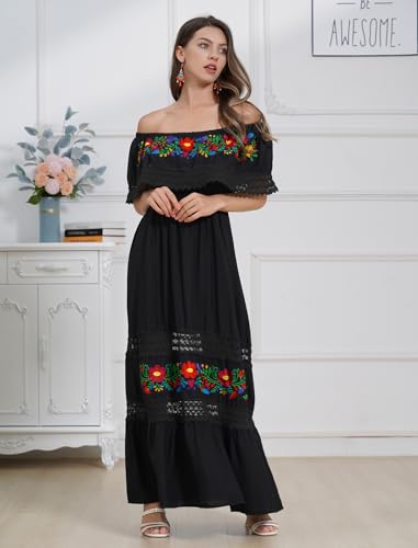 Mexican Dress for Women Floral Embroidery Maxi Off-Shoulder Ruffle Sleeveless Traditional Fiesta Dresses