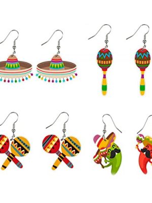 4Pairs Cinco De Mayo Piñata Sombrero Maracas Chili Pepper Racket Horse Hat Avocado Cactus Drop Dangle Earring Set for Women