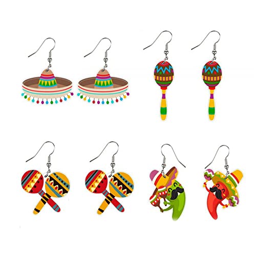 4Pairs Cinco De Mayo Piñata Sombrero Maracas Chili Pepper Racket Horse Hat Avocado Cactus Drop Dangle Earring Set for Women