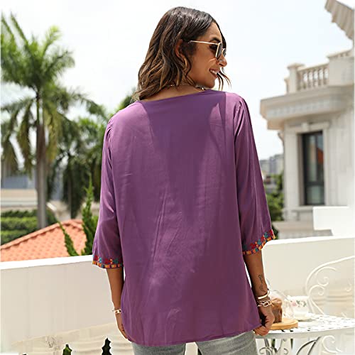 Women's Summer Boho Embroiderered Mexican Tops Bohemian V Neck 3/4 Sleeve Blouse for Women Causal Loose Hippie Shirt Tunic