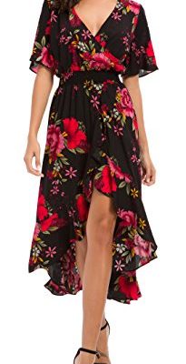 Womens Short Sleeve Floral Maxi Dress High Low V-Neck Flowy Party Long Dresses