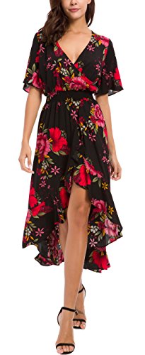 Womens Short Sleeve Floral Maxi Dress High Low V-Neck Flowy Party Long Dresses