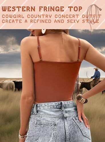 Womens Western Cowgirl Fringe Top - Country Concert Outfits Festival Tassel Hem Boho Rodeo Camisole Rave Tank Shirt