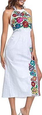 Women's Mexican Floral Embroidered Halter Neck Split Sleeveless Ruffle Party Long Dresses