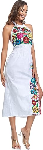 Women's Mexican Floral Embroidered Halter Neck Split Sleeveless Ruffle Party Long Dresses