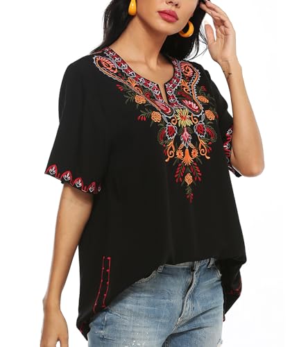 Mexican Embroidered Tops for Women Bohemian Peasant Shirts Boho Tunic Traditional Clothes Floral Fiesta Blouse