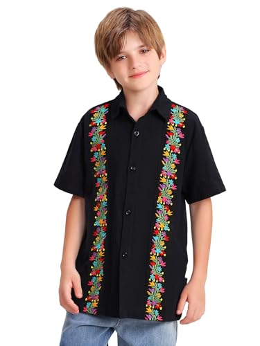 Mexican Guayabera Shirts for Boys Kid Cinco De Mayo Fiesta Traditional Embroidered Collared Short Sleeve