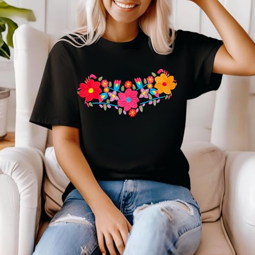Women's Mexican Shirts Embroidered Oversized T Shirt Boho Floral Tee Vintage Flowers Graphic Tee Tops