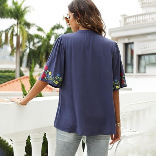 Women's Mexican Embroidered Tops Boho Floral Peasant Shirt Bohemian Traditional Clothes Fiesta Tunic Blouse