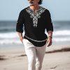 Mens Polyester Linen V Neck Henley Shirt Long Sleeve Caftan Handmade Tunic Embroidered Casual Beach T Shirts