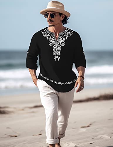 Mens Polyester Linen V Neck Henley Shirt Long Sleeve Caftan Handmade Tunic Embroidered Casual Beach T Shirts