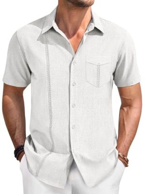 Mens Cuban Guayabera Shirts Button Down Short Sleeve Shirt Casual Linen Summer Beach Vacation Hippie Tops