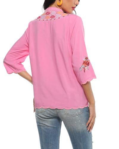 Women's V Neck Casual Summer Blouse, Boho Embroidered Mexican Peasant Tops Short Sleeve Shirts Casual Blouse Loose Tunics