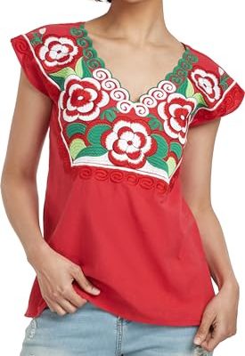 Women's Mexican Peasant Blouse Cotton Tops White Shirt