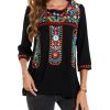 Women's 3/4 Sleeve Mexican Shirts Embroidered Tops Floral Boho Peasant Blouse Ethnic Style Casual Loose Tunics