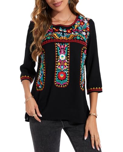 Women's 3/4 Sleeve Mexican Shirts Embroidered Tops Floral Boho Peasant Blouse Ethnic Style Casual Loose Tunics