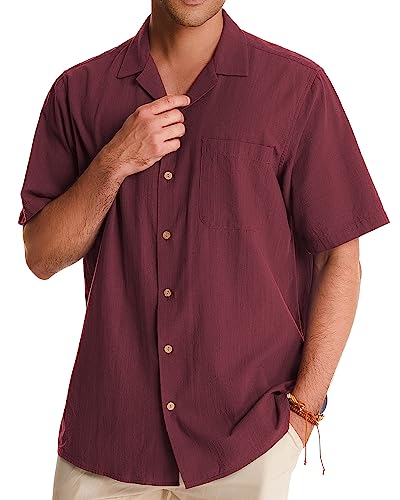 Cuban Linen Shirts for Men Short Sleeve Button Down Shirt Cotton Summer Beach Camp Vacation Hawaiian Shirts