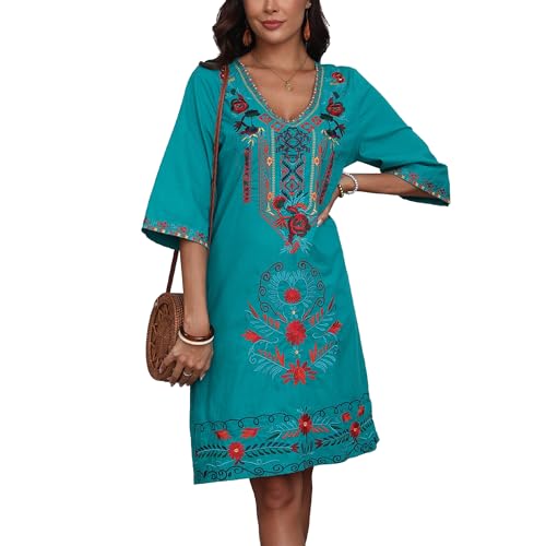 Women’s Embroidered Mexican Fiesta Dress Plus Size Traditional Floral Boho Dresses for Women Peasant Hippie Outfit