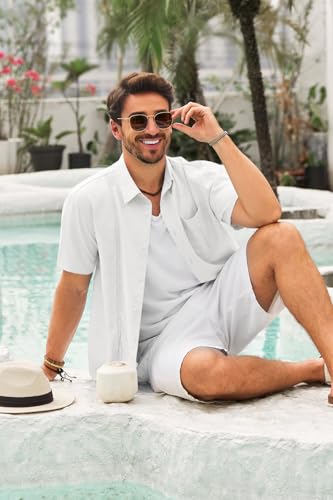 Mens Cuban Guayabera Shirts Button Down Short Sleeve Shirt Casual Linen Summer Beach Vacation Hippie Tops