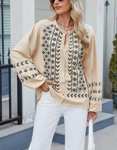 Womens Boho Embroidered Tops Floral Babydoll Tops Long Sleeve V Neck Peasant Blouses Mexican Shirt