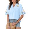 Women's Boho Floral Embroidered Blouse Casual V-Neck Puff Short Sleeve Loose Tunic Top for Summer Shirt