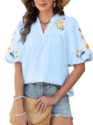 Women's Boho Floral Embroidered Blouse Casual V-Neck Puff Short Sleeve Loose Tunic Top for Summer Shirt