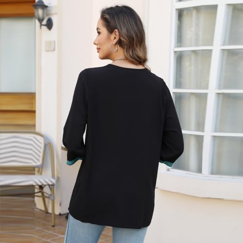 Embroidered Tops for Women 3/4 Sleeve Traditional Mexican Shirts V Neck Boho Floral Peasant Tops Loose Tunic Blouses