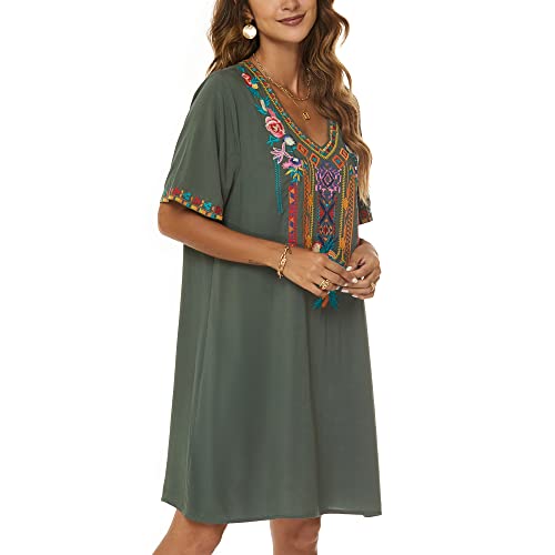 Women's Embroidered Mexican Peasant Dresses, Plus Size Fiesta Boho Dress for Women, Traditional Floral Bohemian Tunic