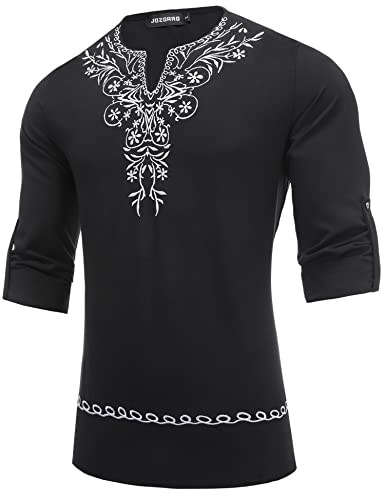 Mens Polyester Linen V Neck Henley Shirt Long Sleeve Caftan Handmade Tunic Embroidered Casual Beach T Shirts