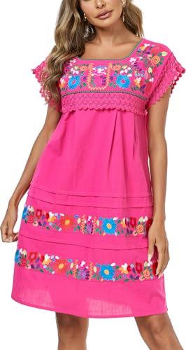 Women Embroidered Mexican Peasent Lace Short Sleeves Dress
