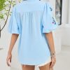 Women's Boho Floral Embroidered Blouse Casual V-Neck Puff Short Sleeve Loose Tunic Top for Summer Shirt