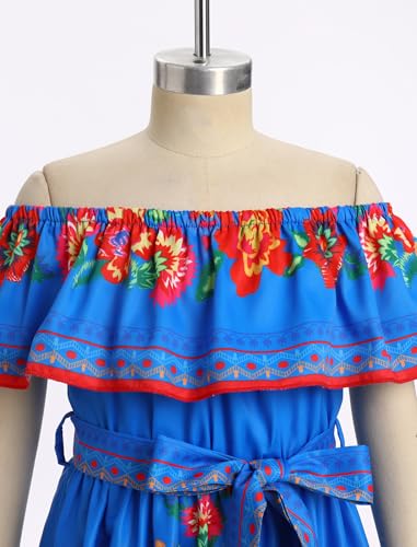 Girls Mexican Dress Spring Summer Off-Shoulder Ruffle Traditional Folk Maxi Dress Belted Cinco De Mayo Fiesta Sundress