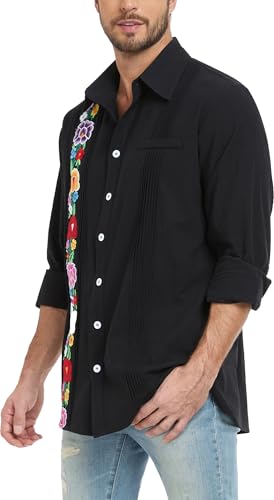 Men's Mexican Shirts Cuban Guayabera Shirt Casual Long Sleeve Embroidered Linen Summer Beach Shirts