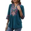 Mexican Embroidered Tops Boho 3/4 Sleeve Shirts Floral Peasant Tunic Bohemian Fiesta Blouses Clothes for Women