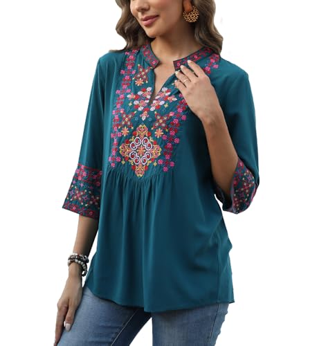Mexican Embroidered Tops Boho 3/4 Sleeve Shirts Floral Peasant Tunic Bohemian Fiesta Blouses Clothes for Women
