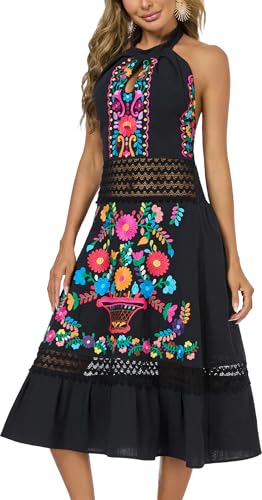 Mexican Dress Embroidered Casual Halter Off Shoulder Maxi Cocktail Dresses Sexy Dress for Women Date Night