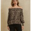 Women's Off Shoulder High Low Tunic Tops Allover Print Long Puff Sleeve Blouse