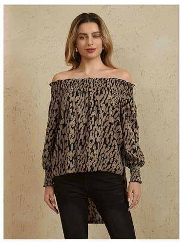 Women's Off Shoulder High Low Tunic Tops Allover Print Long Puff Sleeve Blouse