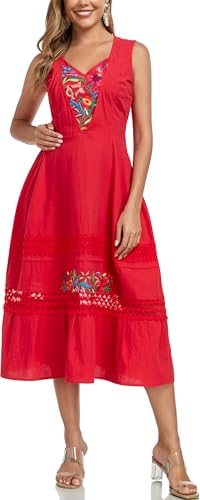 Women's Mexican Dress Floral Embroidered Casual Lace Ruffle Maxi Dress