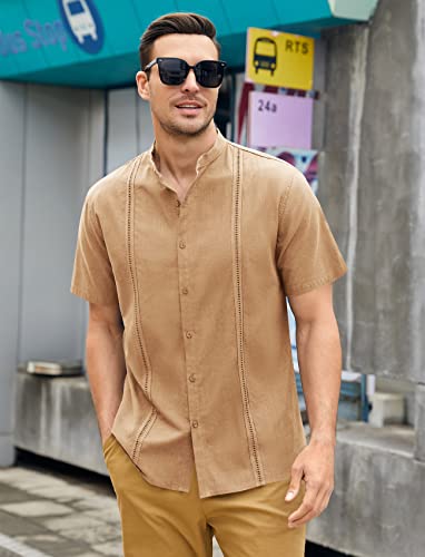 Mens Guayabera Shirts Linen Short Sleeve Button Down Casual Beach Cuban Camp Mexican Shirt for Men