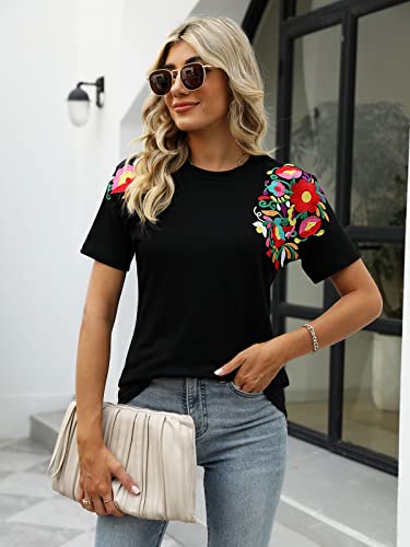 Mexican Shirts for Women Embroidered Tops Traditional Summer Blouse Women's Floral Tunic Round Neck Short Sleeve