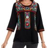 Women's 3/4 Sleeve Mexican Shirts Embroidered Tops Floral Boho Peasant Blouse Ethnic Style Casual Loose Tunics