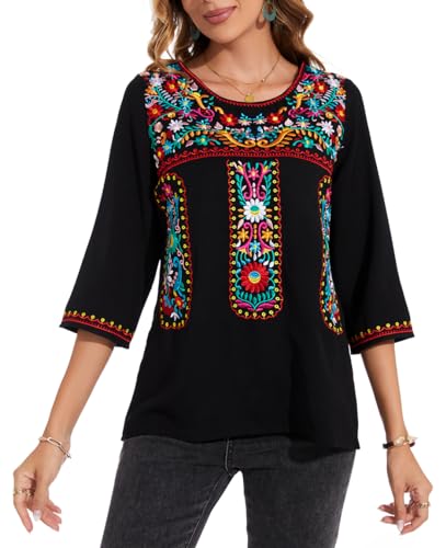 Women's 3/4 Sleeve Mexican Shirts Embroidered Tops Floral Boho Peasant Blouse Ethnic Style Casual Loose Tunics