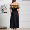 Women's Mexican Floral Dress Traditional Off Shoulder Flower Print Smocked Cinco De Mayo Midi Dress