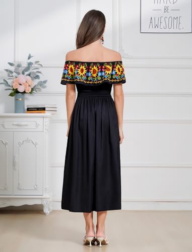 Women's Mexican Floral Dress Traditional Off Shoulder Flower Print Smocked Cinco De Mayo Midi Dress