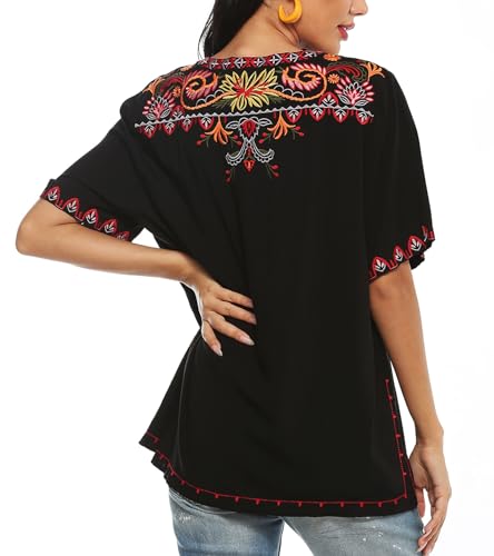 Mexican Embroidered Tops for Women Bohemian Peasant Shirts Boho Tunic Traditional Clothes Floral Fiesta Blouse