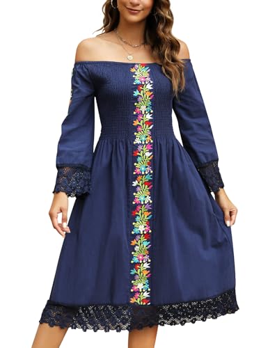 Mexican Dress for Women Embroidered Traditional Fiesta Dresses Style Long Sleeve Floral Diverse Embroidered Patterns