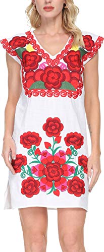 Women Mexican Embroidered Dress Ruffle Collar Sleeveless