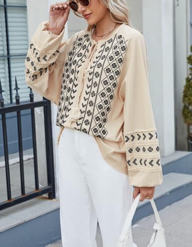 Womens Boho Embroidered Tops Floral Babydoll Tops Long Sleeve V Neck Peasant Blouses Mexican Shirt