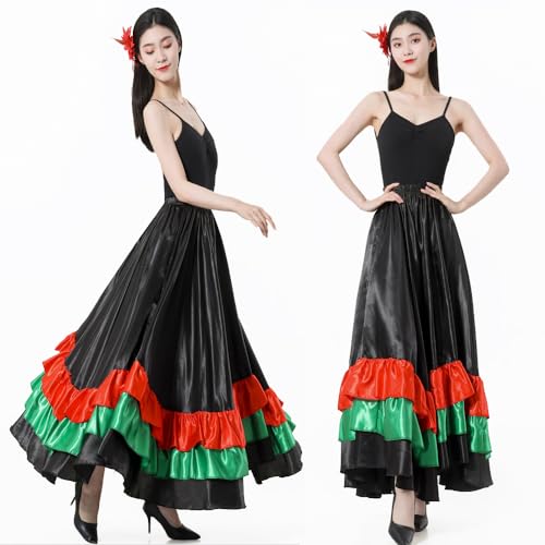 Adult Ruffles Black Red Green Maxi Long Dance Skirt Folklorico Skirt for Mexican Flamenco Halloween Costume